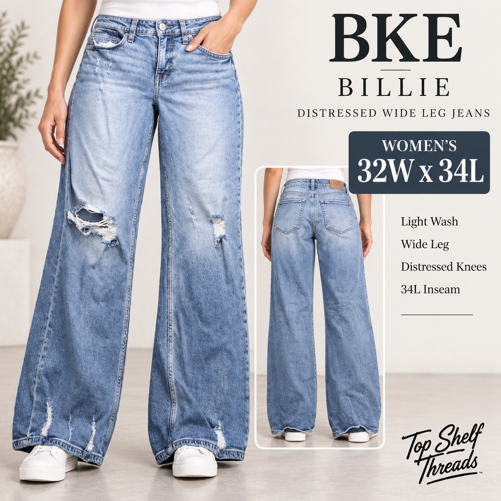 BKE Billie Jeans Women W32 L34 Slim Fit High Rise Wide Leg Distressed Light Wash
